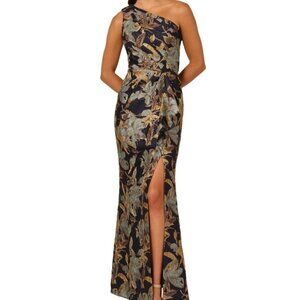 Adrianna Papell Floral Jacquard One-Shoulder Mermaid Gown – Blue/Gold – NWT – 8